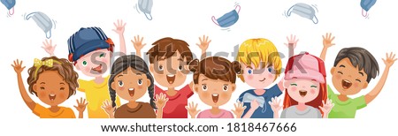 Kids mask group. Boys girls face emotions. Gestures very happy. Cheers! remove midical mask. Concept illustration of the end of COVID-19. Successful treatment. Vaccine against COVID-19. No pollution.