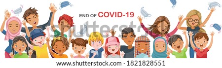 Children and teenagers. Boys girls face emotions. Gestures very happy. Cheers! remove midical mask. Concept back to schoo. End of COVID-19. Successful treatment. Vaccine against COVID-19. No pollution