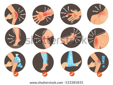 Symptom of Sprains and  First Aid.
Body Parts within the circle  isolated on white background. Vector illustration.