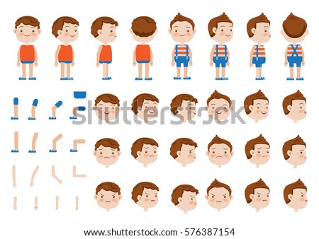  Boys character creation set. Icons with different types of faces and hair style, emotions,  front, rear, side view of male person. Moving arms, legs. Vector illustration