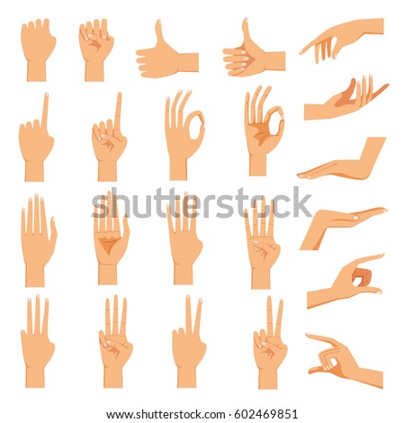 Set of hands in different gestures emotions palm ,hand back, view and signs One to ten on white background isolated vector illustration