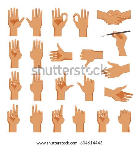 Set of hands Men's in different gestures emotions 
palm,hand back, view and signs One to ten on white background isolated vector illustration