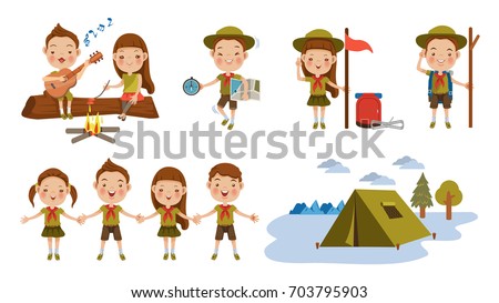 Scout honor character Set. Children hand in hand. hand gesture Camping. Boy playing guitar around the campfire. Kid studying a tour route map. camping tent. Roasting sausage on campfire. Funny camping