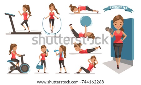 Exercise woman Health female are exercising character design set. Cute girl  Full Body cartoon set. Isolated on white background. vector illustration
