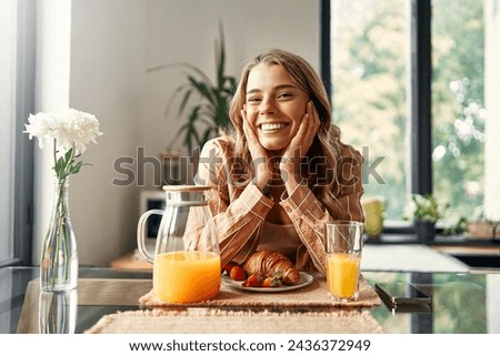 Similar – Image, Stock Photo Young woman eating strawberry dessert in cafe