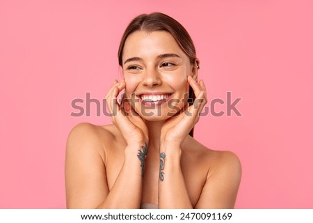 Similar – Image, Stock Photo Young Woman with Genuine Smile Standing on City Street
