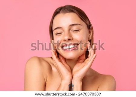 Similar – Image, Stock Photo Portrait of an smiling young hipster woman holding and playing the guitar outside the forest park of the city. Having fun learning a new skill, music play seasonal style. Copy space