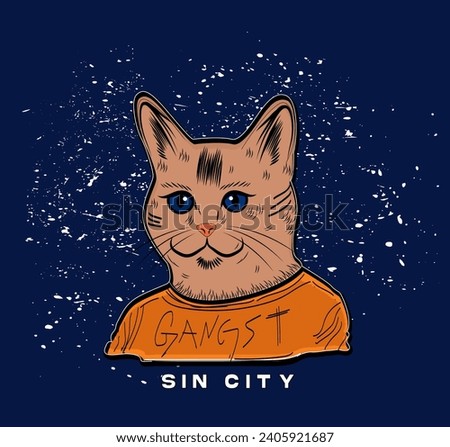 Illustration cat hand drawn with sin city slogan and gangsta vector 