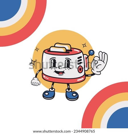 Vector illustration of a cute smiling toaster in retro groove style, in stylish colors