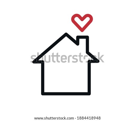 Home love heart logo - Business corporate logo. Handmade lettering print. Vector illustration with heart, roof and chimney. Simple icon of house inside heart shape. House line art shape.
