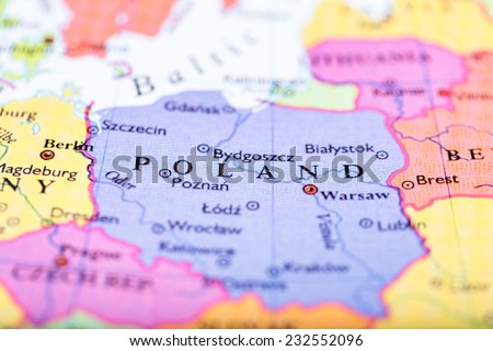 Close-up of colored map of Europe zoomed in on Poland