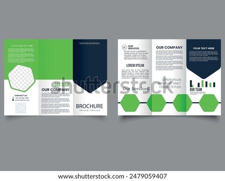 Modern tri-fold brochure template in green and black with random hexagons