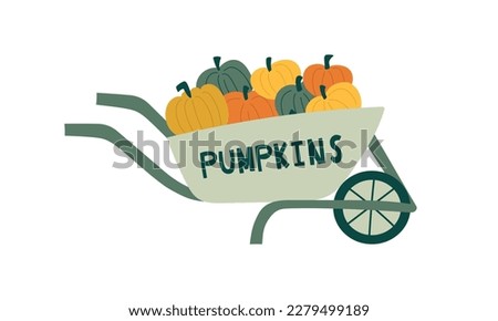 Hand draw wheelbarrow with pumpkins. Agricultural concept.  Flat cartoon vector illustration.