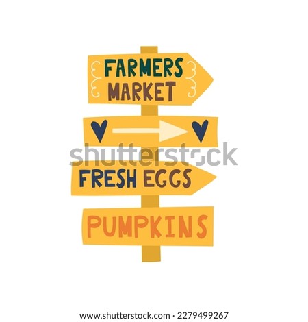 Hand draw wooden street signs. A Board with signs for the farmer's market. Vector flat illustration of pointers.