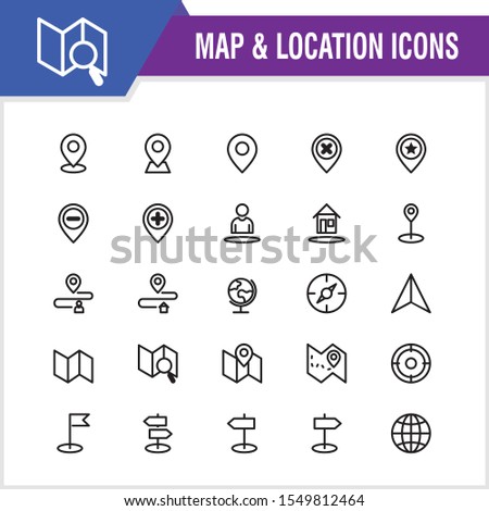 Map and Location icon set, with 25 icon black line design, 