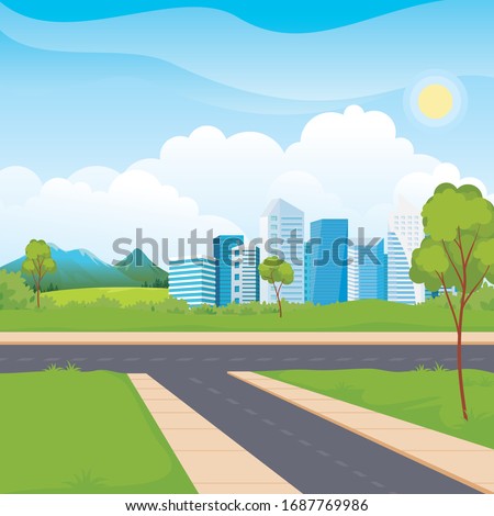 Scenery urban city park skyscraper. modern cityscape downtown flat horizontal vector illustration. with Crossroads, green grass, tree and mountain.