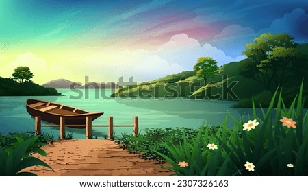 Rowing boats or canoes at a pier at beautiful sunset Lake vector background 