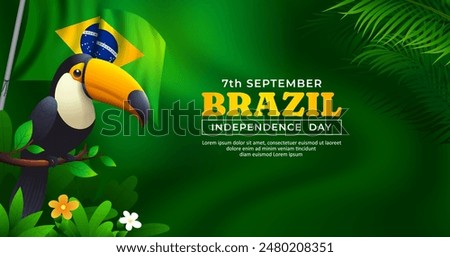 7th september Brazil Independence Day banner design, toucan bird with brazilian flag and tropical leaves Translation: order and progress