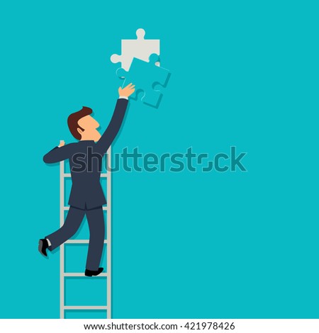Simple cartoon of a businessman on ladder installing the final piece of puzzle. Business, success, final, achievement concept