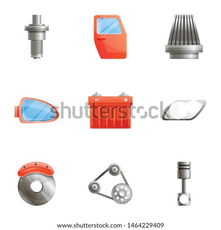Car spare parts icon set. Cartoon set of 9 car spare parts vector icons for web design isolated on white background