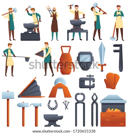 Blacksmith icons set. Cartoon set of blacksmith vector icons for web design