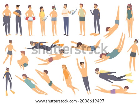 Diving school icons set cartoon vector. Beach active. Swim exercise