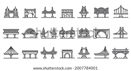 Bridges icons set. Outline set of bridges vector icons for web design isolated on white background