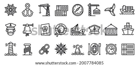 Marine port icons set. Outline set of marine port vector icons for web design isolated on white background