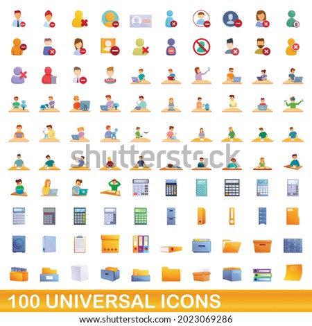 100 universal icons set. Cartoon illustration of 100 universal icons vector set isolated on white background