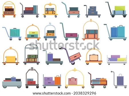 Luggage trolley icons set cartoon vector. Business bag. Travel baggage