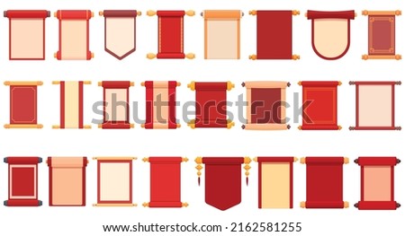 Chinese festive scroll icons set cartoon vector. Card china. Japan blessing