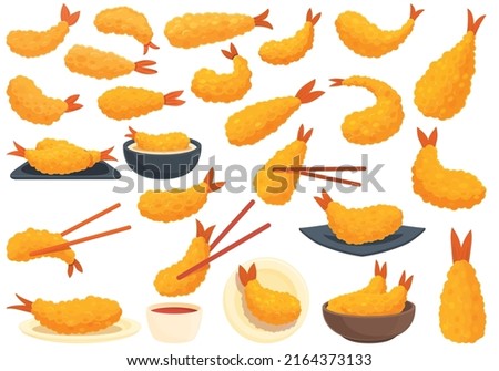 Tempura icons set cartoon vector. Appetizer shrimp. Fried deep