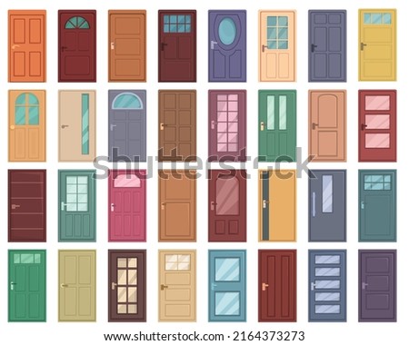 Door icons set cartoon vector. Office glass. Wood home