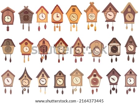 Cuckoo Clock icons set cartoon vector. Hour clock. Antique alarm