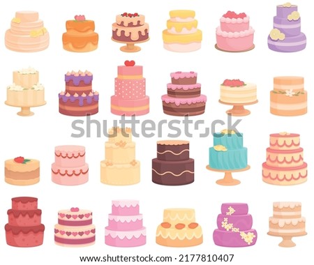 Wedding cake icons set cartoon vector. Bakery flower. Birthday date