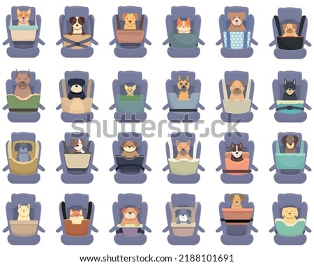 Dog car seats icons set cartoon vector. Belt pet. Travel seat