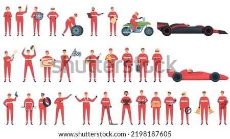 Racing team icons set cartoon vector. Stop car. Team tire