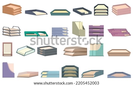 Paper tray icons set cartoon vector. Office rack. Business storage