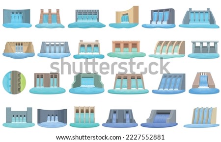Hydro power station dam icons set cartoon vector. Water plant. Electric dam