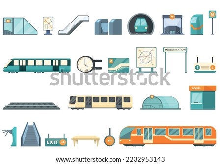 Subway station icons set cartoon vector. Train hub. Travel people