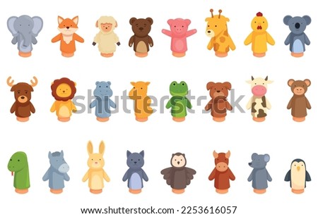 Hand puppet toys icons set cartoon vector. Animal finger. Sock child