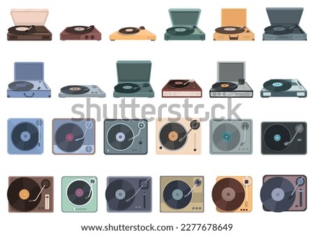 Vinyl player icons set cartoon vector. Turntable music. Record old
