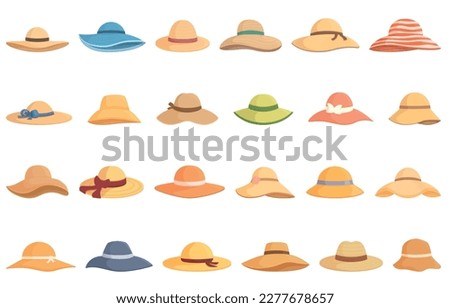 Beach hat icons set cartoon vector. Straw summer. Hat cap