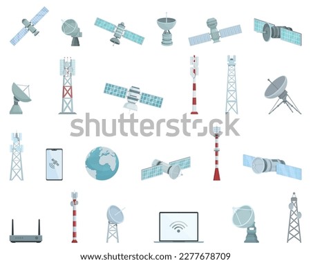 Satellite Internet icons set cartoon vector. Antenna communication. Internet signal