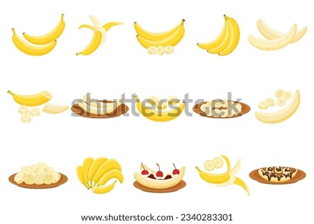 Banana icons set cartoon vector. Monkey peel. Ripe fruit