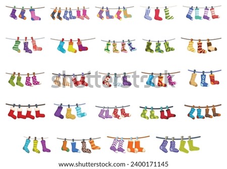 Clothesline sock icons set cartoon vector. Drying hanging. Pair rope fiber