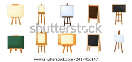 Easel icons set cartoon vector. Artist poster. Empty canvas tripod