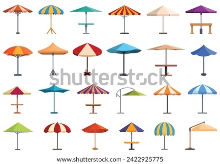 Outdoor cafe umbrella icons set cartoon vector. Street table design. Food court