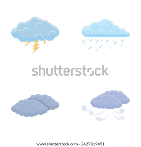 Weather icons set cartoon vector. Various cloud with rain, thunderstorm and wind. Meteorology, weather condition