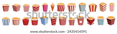 Bucket popcorn icons set cartoon vector. Snack holiday. Movie fun food